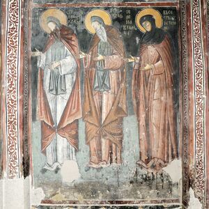 St. Simon the Monk ( Stefan Prvovenčani), St. Simeon the Monk ( Uroš I ) and Queen Jelena as a nun