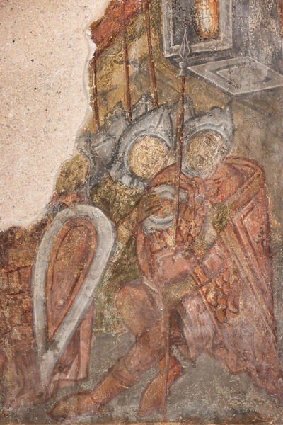 Myrrh bearers at Christ's tomb, detail