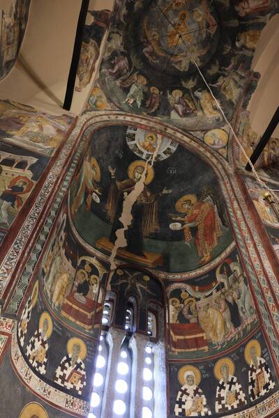 A view of the painting of the altar area