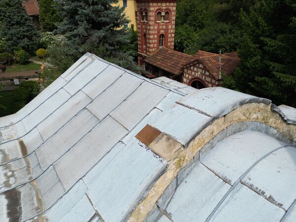 Part of the lead roof of the church