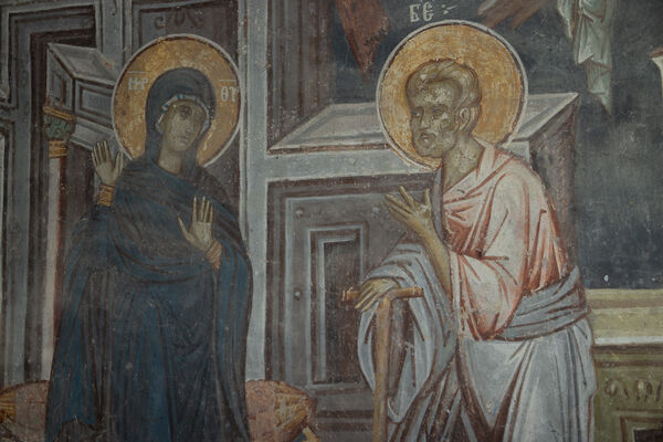 Joseph rebukes Mary and the Annunciation at the well, detail