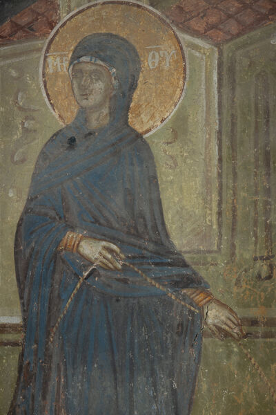 Joseph rebukes Mary and the Annunciation at the well, detail