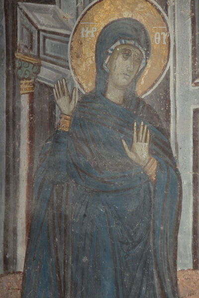 Joseph rebukes Mary and the Annunciation at the well, detail