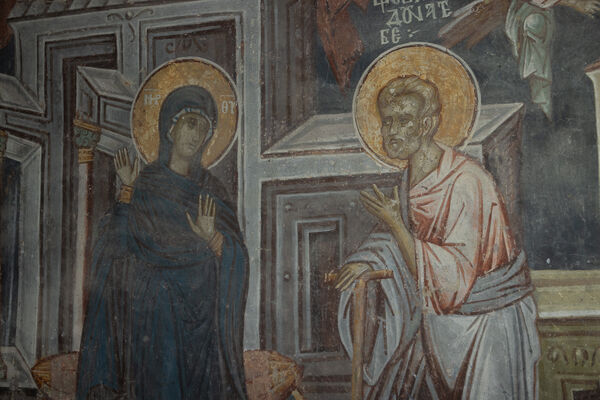Joseph rebukes Mary and the Annunciation at the well, detail