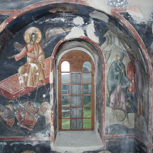 View of the second row of frescoes on the south wall of the western bay