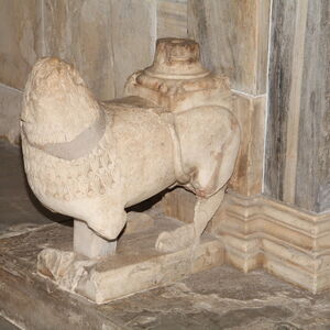 Sculpture of the lion infront of the north doorpost of the portal